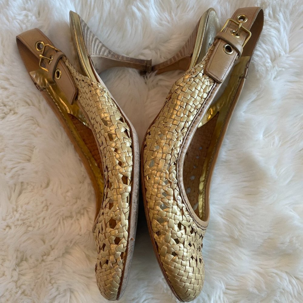 Miu Miu Shoes gold woven leather sling back buckle closed toe Heels Size 37.5 EU